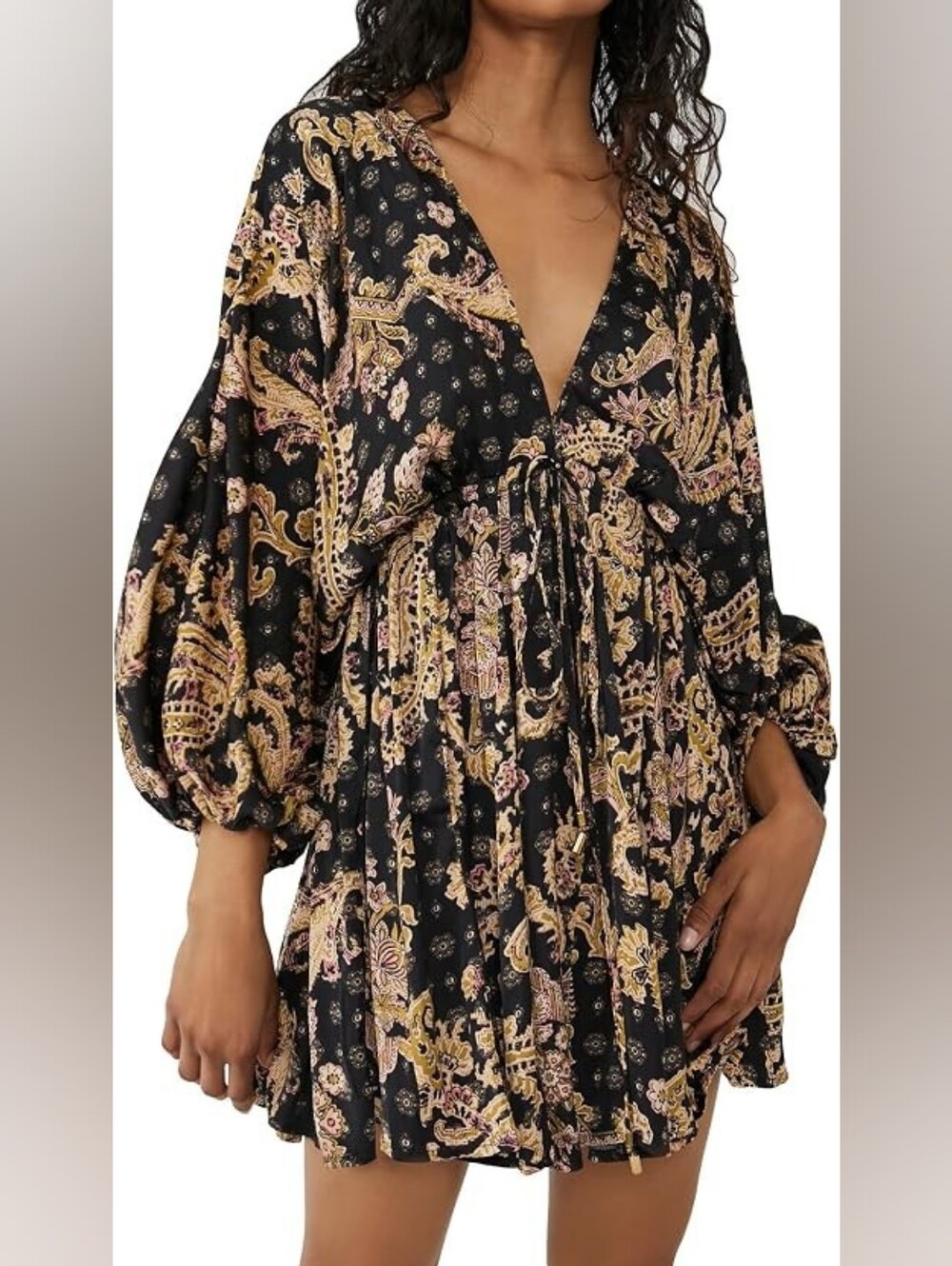 Free People Azril Black Paisley V-Neck Babydoll Dress with Gold & Pink Accents